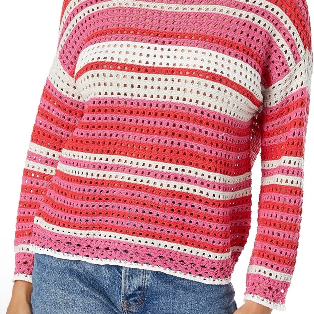 NWT NIC+ZOE Striped Open-Knit Sweater in Pink, Fuchsia & White